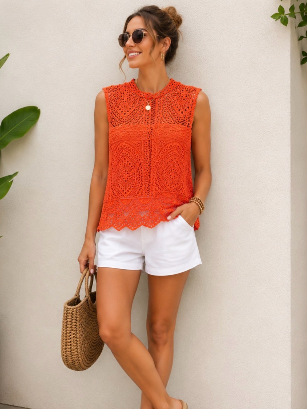 Sleeveless Crochet Lace Shell Top in Bright Orange